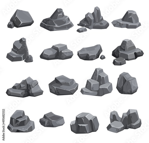 Cartoon rock stones, boulders, rubble gravel and cobbles, vector icons. Gray rock stones or mountain debris of grey rubble blocks, pebbles and cracked gravels of mountain pieces or broken concrete