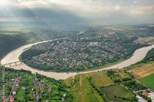 The Dniester River and the city of Zalishchyky, aerial view, a beautiful landscape of the city surrounded by a river in the form of a horseshoe. Ukraine, travel photo