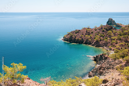 Fototapeta Naklejka Na Ścianę i Meble -  Amazing view of the turquoise water bay in Cirali, Lycian Way, Antalia region, Turkey