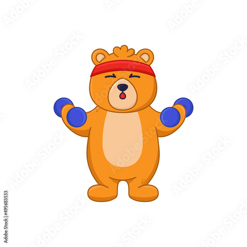 Funny bear cartoon character lifting dumbbells sticker. Cute orange comic forest animal exercising or doing sports flat vector illustration isolated on white background. Wildlife  emotions concept