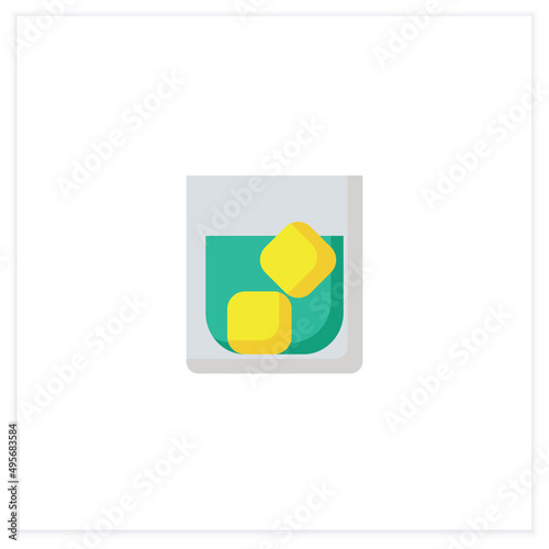 Whiskey glass flat icon. Alcohol stemware. Party drink with ice. Restaurant, pub, bar menu. Scotch, rum, long drink. Cocktail party and drinking establishment concept. 3d vector illustration
