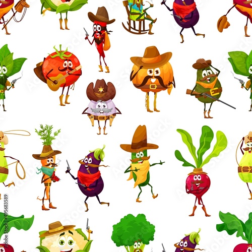 Cartoon cowboy, sheriff, robbers, bandits and rangers characters on seamless pattern. Wallpaper, vector backdrop with pumpkin, garlic and tomato, avocado, carrot and cucumber wild west personages