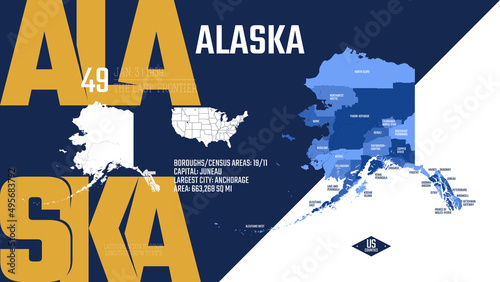 49 of 50 states of the United States, divided into counties with territory nicknames, Detailed vector Alaska Map with name and date admitted to the Union, travel poster and postcard