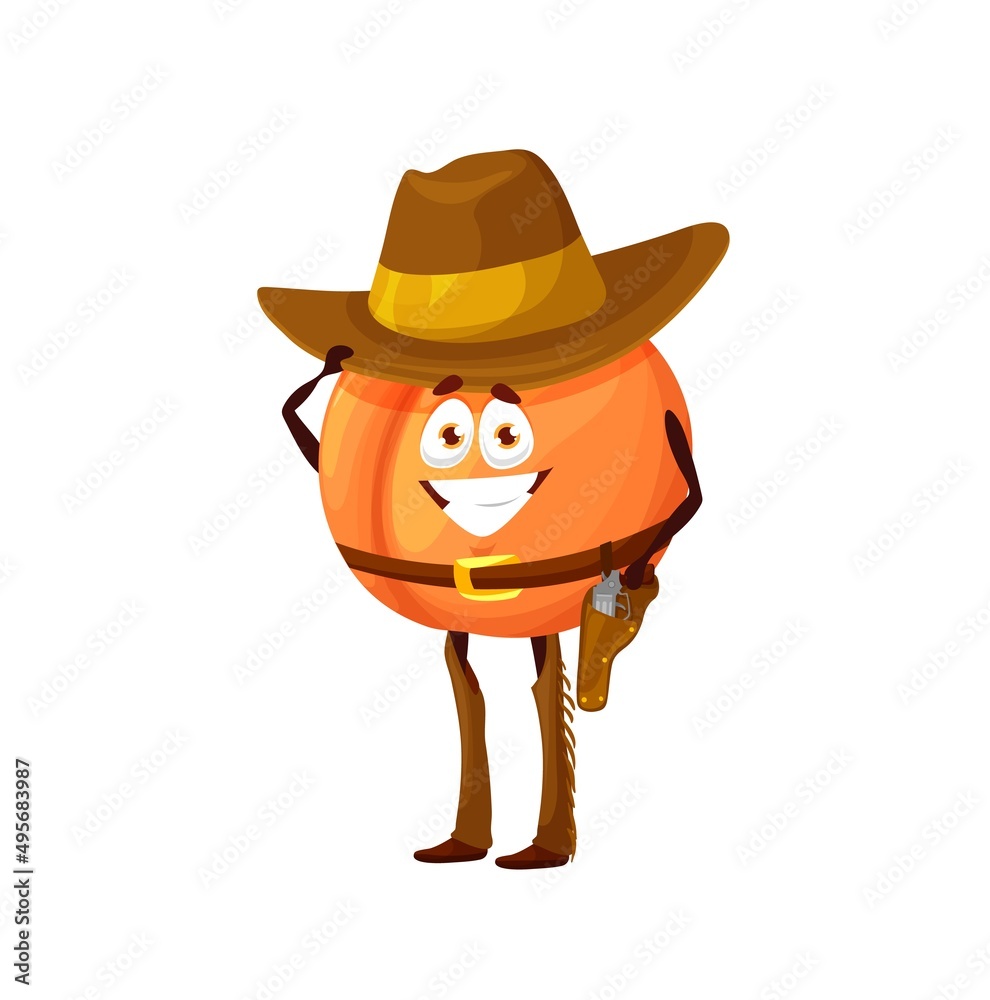 Cartoon peach cowboy character touching hat, vector Western or Wild West fruit food personage. Funny peach emoji with brown leather hat and pants or chaps with fringes, gun, holster and belt