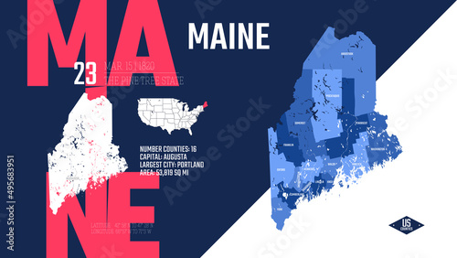 23 of 50 states of the United States, divided into counties with territory nicknames, Detailed vector Maine Map with name and date admitted to the Union, travel poster and postcard