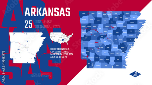 25 of 50 states of the United States, divided into counties with territory nicknames, Detailed vector Arkansas Map with name and date admitted to the Union, travel poster and postcard
