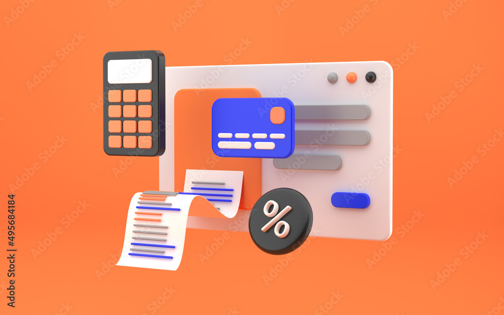 Concept with coins, calculator, receipt. digital invoice and paycheck. Realistic mockup of smartphone with check tape. Online purchase, payment, financial service. 3d rendering. Concept with coins, calculator, receipt. digital invoice and paycheck. Realistic mockup of smartphone with check tape. Online purchase, payment, financial service. 3d rendering.