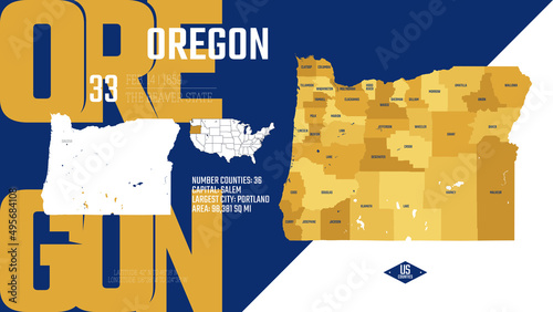 33 of 50 states of the United States, divided into counties with territory nicknames, Detailed vector Oregon Map with name and date admitted to the Union, travel poster and postcard photo