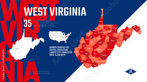 35 of 50 states of the United States, divided into counties with territory nicknames, Detailed vector West Virginia Map with name and date admitted to the Union, travel poster and postcard