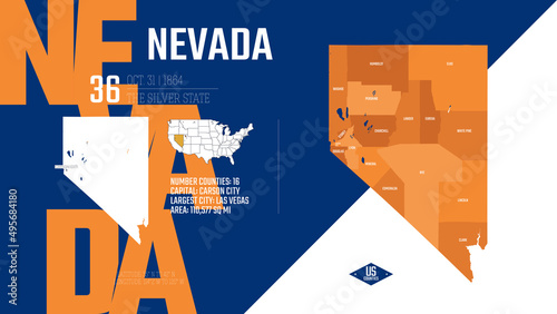 36 of 50 states of the United States, divided into counties with territory nicknames, Detailed vector Nevada Map with name and date admitted to the Union, travel poster and postcard photo