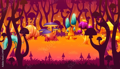 Magic luminous mushrooms game level vector landscape. Fantasy forest and meadow scene location with cartoon mushrooms, fungi plants, shrooms on glowing grass, fairy or alien planet background, game ui photo