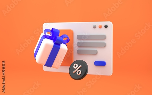 Online shopping on web page concept with gift box on orange background. Purchase concept. 3d rendering