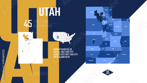 45 of 50 states of the United States, divided into counties with territory nicknames, Detailed vector Utah Map with name and date admitted to the Union, travel poster and postcard