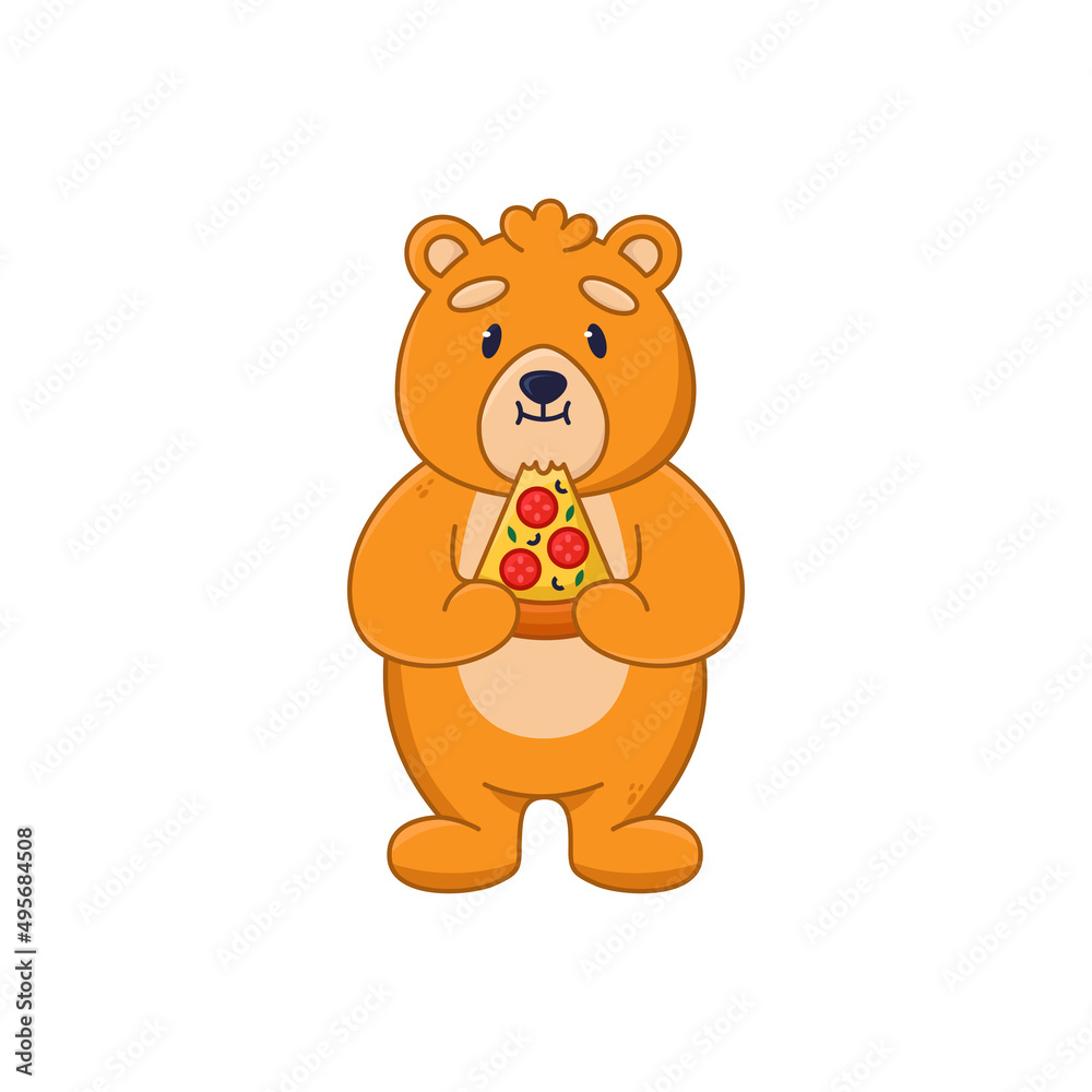 Obraz premium Cute bear cartoon character eating slice of pizza sticker. Friendly orange comic forest animal eating fast food flat vector illustration isolated on white background. Wildlife, emotions concept