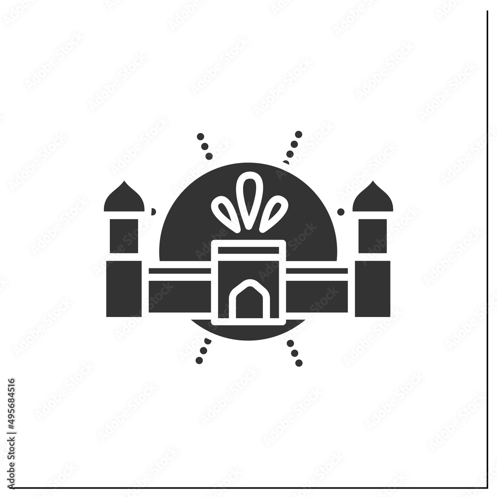 Fototapeta premium Agra fort glyph icon. Red majestic stone fortress, Mughal monument. Indian landmark. Indian culture, esthetics,traditions and customs.Filled flat sign. Isolated silhouette vector illustration