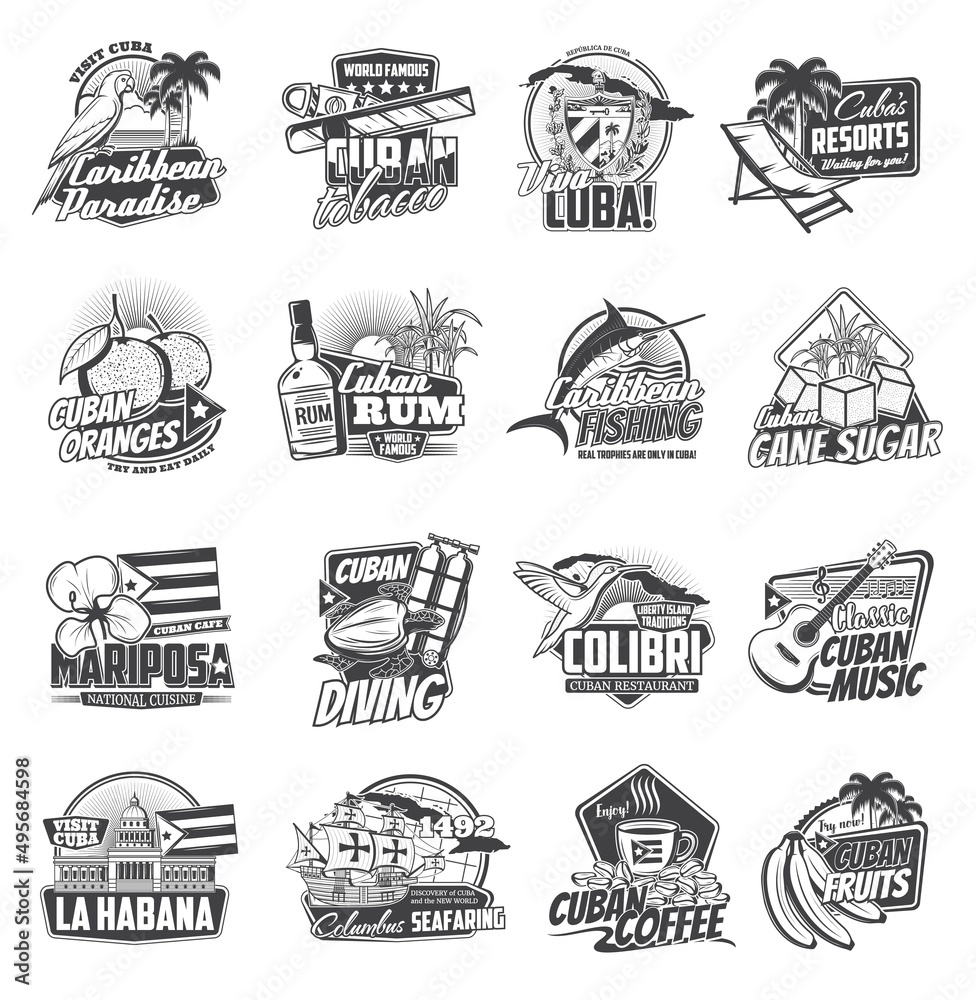 Fototapeta premium Cuba isolated vector icons of Cuban travel and tourism design. Maracas, cigar, rum and guitar, palm tree, coffee, cane sugar and Caribbean beach, coat of arms, flag and map of Cuba monochrome symbols