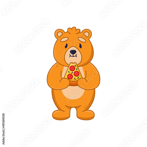 Cute bear cartoon character eating slice of pizza sticker. Friendly orange comic forest animal eating fast food flat vector illustration isolated on white background. Wildlife  emotions concept