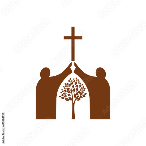Christianity religion vector icon spirituals holding cross above tree. Christian catholic Holy symbol with crucifix and plant in arched aperture isolated on white background