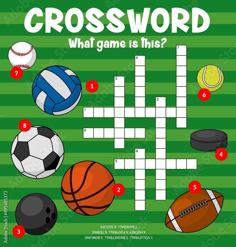 Sport balls  crossword puzzle worksheet to find word  vector quiz game grid. Kids education riddle crossword to guess balls of volleyball  basketball or bowling  hockey and football soccer or tennis