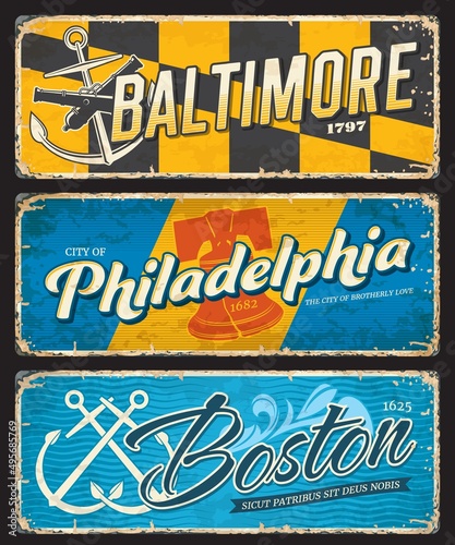 Boston, Baltimore and Philadelphia american cities plates and travel stickers. United States of America city retro postcard, grunge tin sign or USA voyage vector sticker with anchors, Liberty Bell