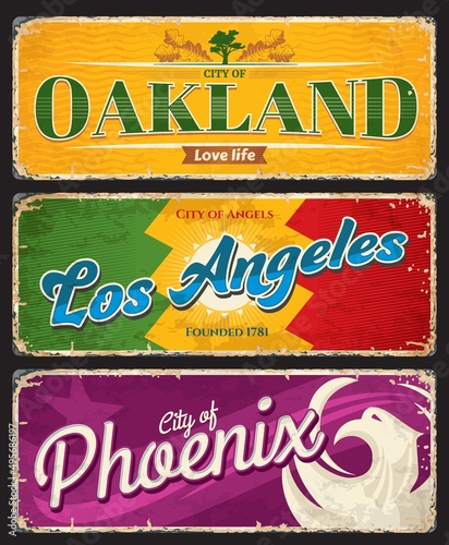 Oakland, Los Angeles and Phoenix american cities plates and travel stickers. US city grunge banner, United States of America journey grunge vector tin signs with cities flags and coat of arms symbols