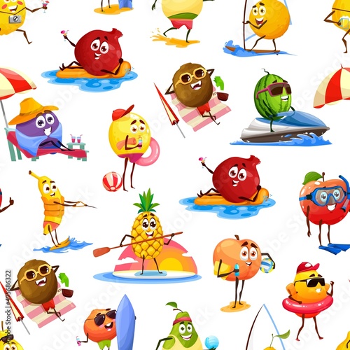 Cheerful fruits characters on summer vacation, seamless pattern. Vector background with funny garnet, plum, banana, kiwi, lemon and watermelon. Pineapple, peach, pear and mandarin with mango or orange