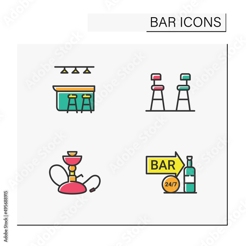 Bar color icons set. Bar counter, chairs, sign, hookah.Cocktail party and drinking establishment concept. Isolated vector illustrations