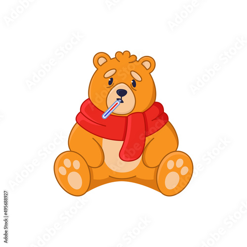 Sick bear cartoon character with thermometer in mouth sticker. Ill comic forest animal with fever wearing scarf flat vector illustration isolated on white background. Wildlife, emotions concept
