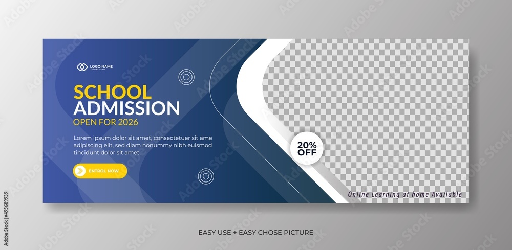 Editable school admission Web banner template. With blue and yellow colour background Editable school admission Web banner template. With blue and yellow colour background