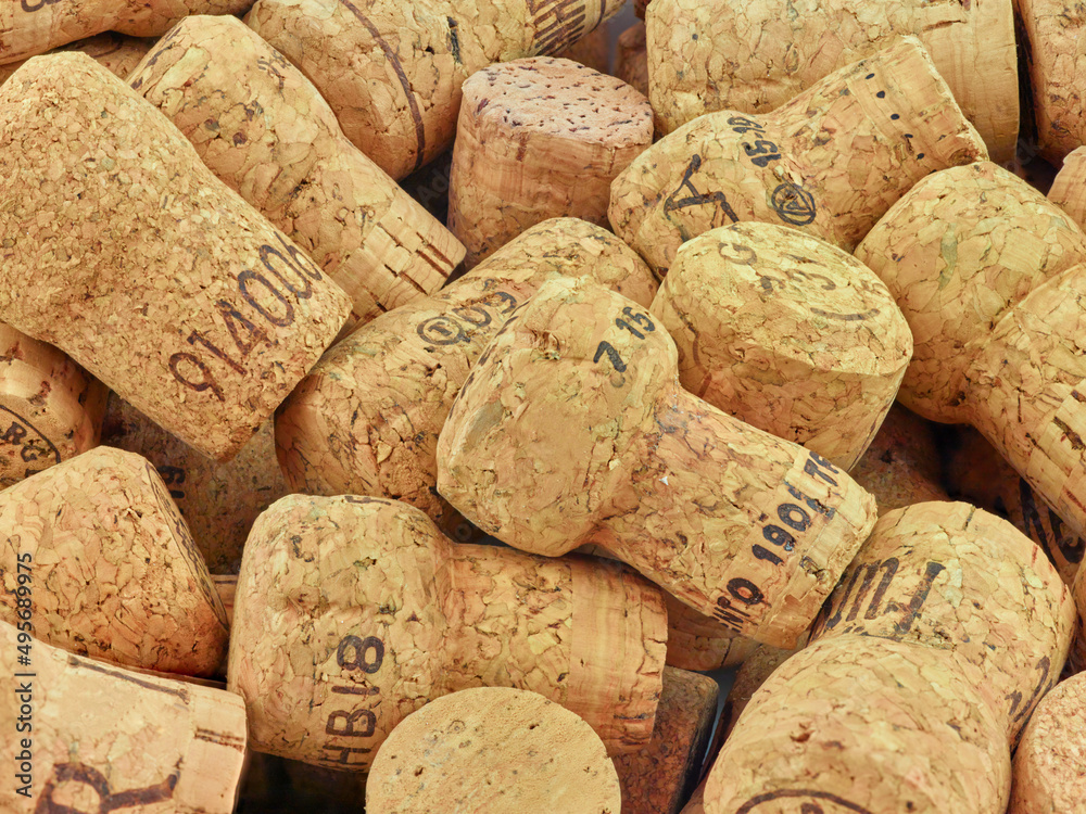 Assorted Champagne Corks Selection. Drinks and Wine Bar Themed Background. 