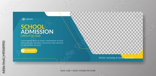 Editable school admission Web banner template. With blue and yellow colour background