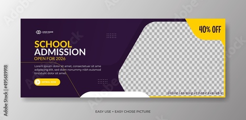 Editable school admission Web banner template. With purple and yellow colour background