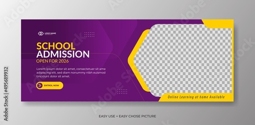 Editable school admission Web banner template. With purple and yellow colour background