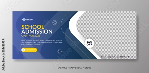 Editable school admission Web banner template. With blue and yellow colour background
