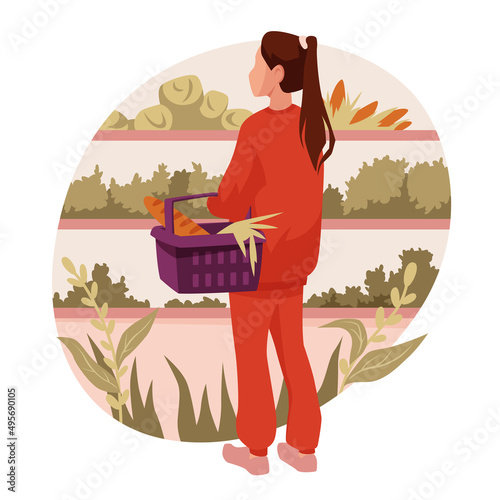 Young woman in the store chooses vegetables, herbs and salad. Woman with grocery basket. Housekeeping concept. Сoncept of proper nutrition. Women routine. Vector illustration.