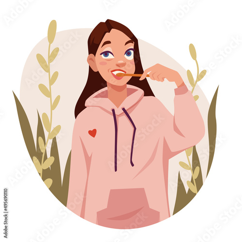 Young woman brushes her teeth with a toothbrush in the bathroom. Hygiene before bed and in the morning. Beauty routine. Vector illustration.