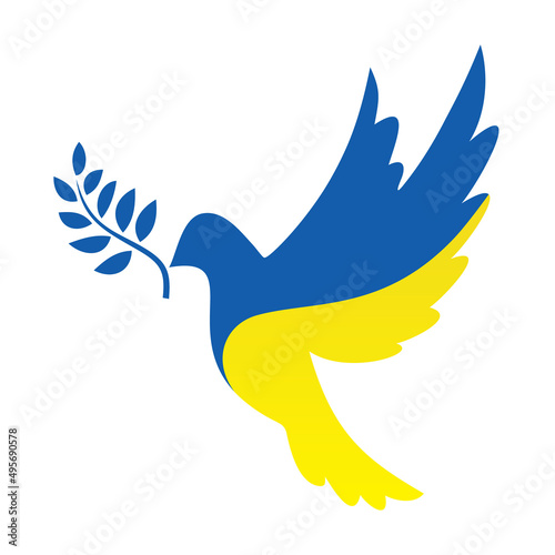 Flag of Ukraine in the form of dove of peace. No war symbol. Flying bird sign in blue and yellow. Pigeon with olive branch. The concept of peace in Ukraine. Save life concept. Vector eps8 illustration