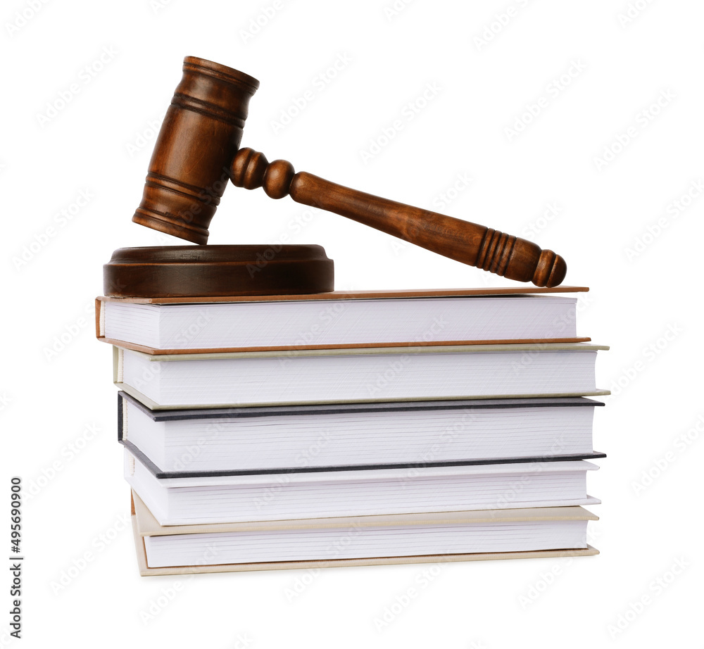Wooden gavel and stack of books on white background