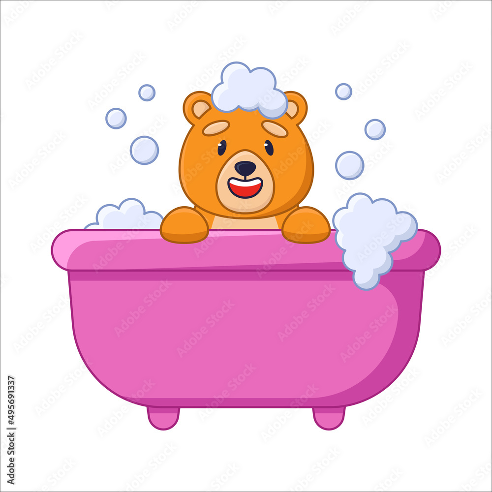 Cute orange bear cartoon character taking bath sticker. Funny happy comic forest animal sitting in foamy bathtub flat vector illustration isolated on white background. Wildlife, emotions concept