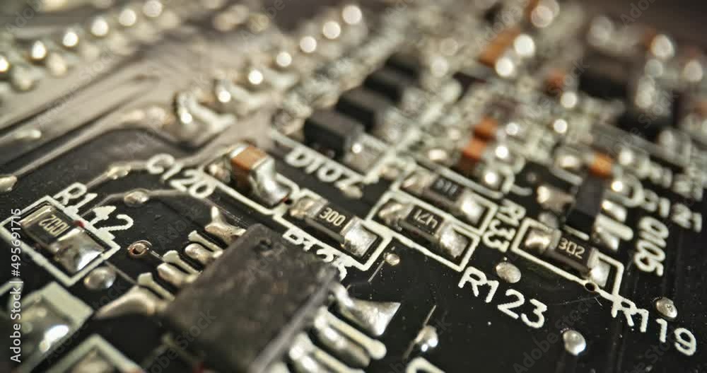 Circuit board macro with probe lens closeup Circuit board macro with probe lens closeup