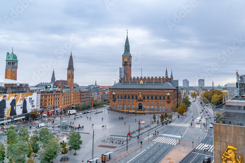 Copenaghen, Denmark - October 2, 2021: top view of Rådhuspladsen, square located in the center of Copenaghen, a favorite location for events and demonstrations