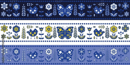Seamless border with elements of flowers, butterflies and birds in scandinavian style.