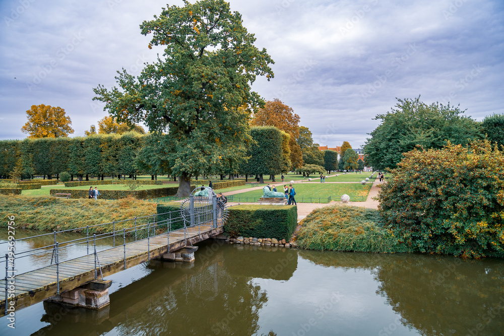 Copenhagen, Denmark - October 2, 2021: a pond in Rosenborg park in Copenaghen