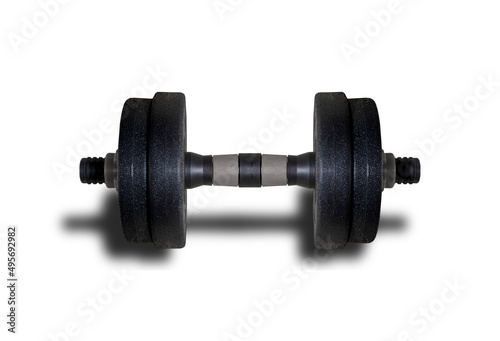 Black rubber metal Dumbbell with shadow. illustration isolated on white background. Gym, fitness and sports equipment symbol