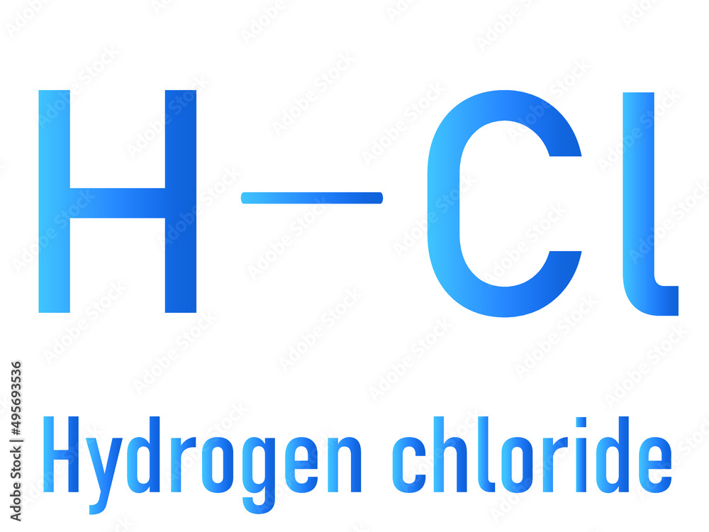 Hydrogen chloride (HCl) molecule, chemical structure. Highly corrosive mineral acid; Acid