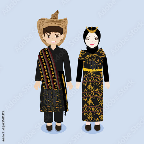 Indonesian Couple Wearing Rote, Nusa Tenggara Timur Traditional Costume Vector Illustration.