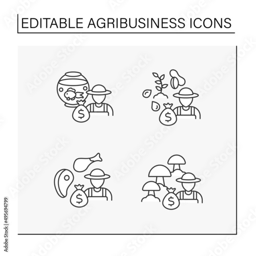 Agribusiness line icons set. Fish and mushroom farming, meat production, nuts cultivation.Profitable business concept. Isolated vector illustrations. Editable stroke