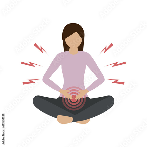 young woman with abdominal pains isolated on white background