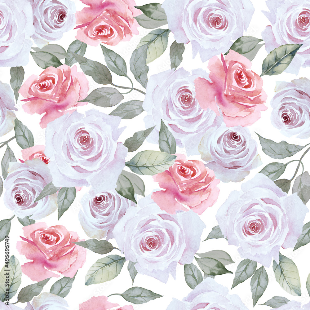 Seamless pattern of light lilac and pink roses with leaves. Hand drawn watercolor. Seamless pattern of light lilac and pink roses with leaves. Hand drawn watercolor.