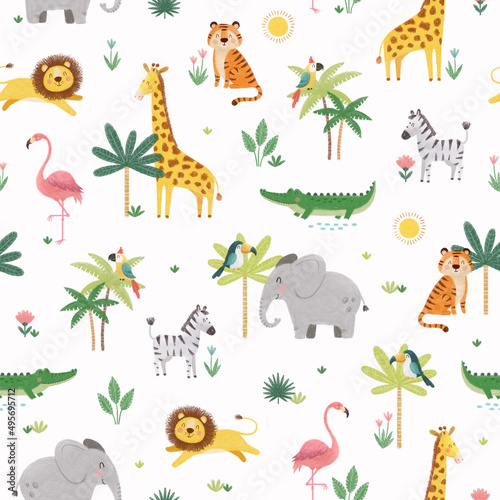 Cute kids seamless pattern with jungle animals and palms  hand drawn illustration  summer background